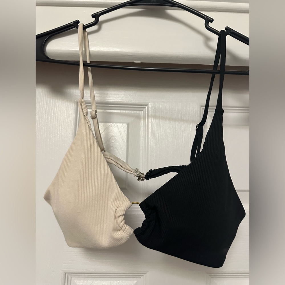Black and Cream Ribbed Bikini Set